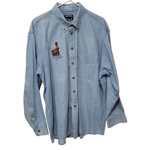 Three Rivers Denim Cotton Button Down Shirt Mens XL Light Blue Embroidered Motif